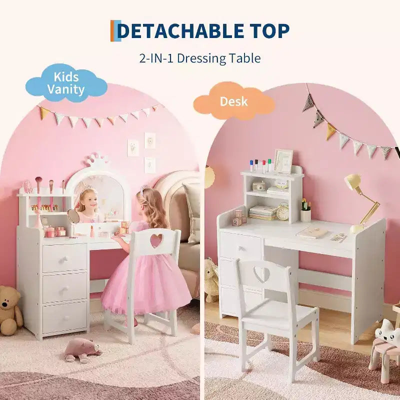 Coiffeuse de princesse en bois blanc avec miroir LED tactile 3 couleurs et chaise, tiroirs de rangement et étagères pour chambre de petites filles