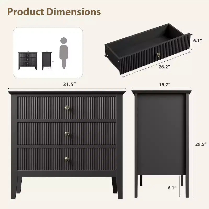 Commode à 3 tiroirs cannelée et table de chevet, commode moderne en bois peint de 80 cm de large pour chambre à coucher, couloir ou entrée