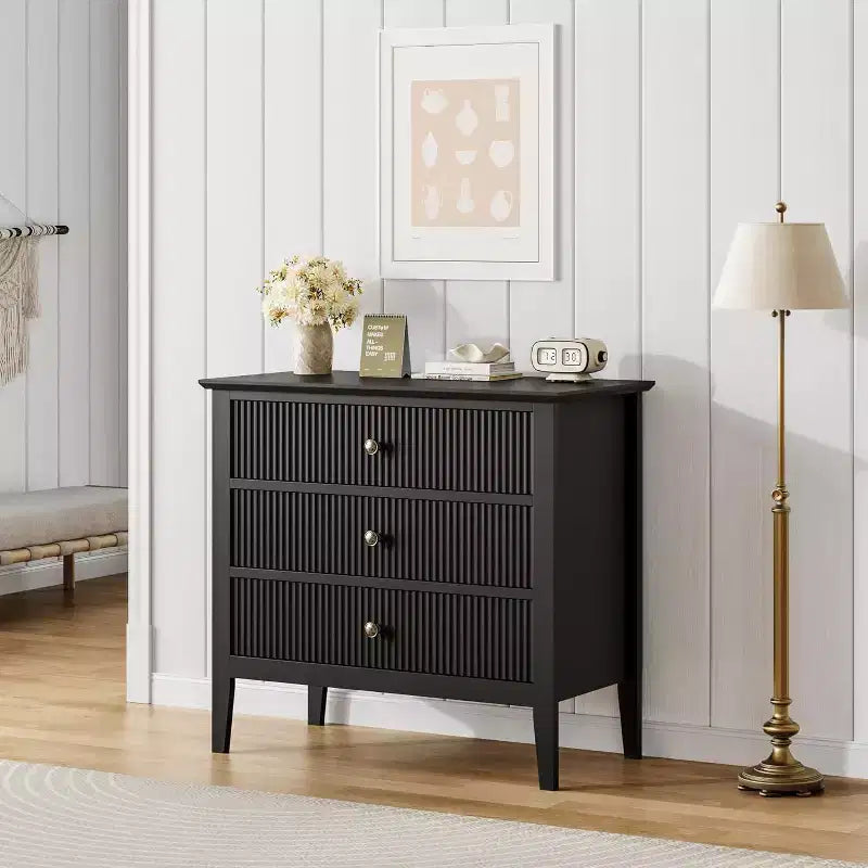 Commode à 3 tiroirs cannelée et table de chevet, commode moderne en bois peint de 80 cm de large pour chambre à coucher, couloir ou entrée