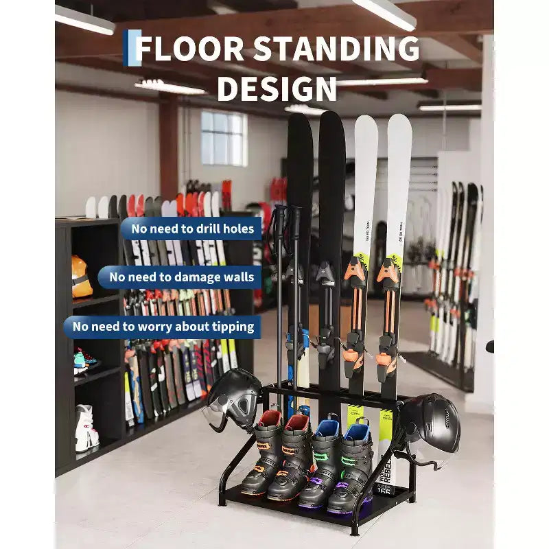 Storage Rack, Freestanding Floor Stand Holder Holds 4 Pairs of Skis, Poles, Boots, Helmet & Organizer for Garage, Basement, Home, 23x19x16 In