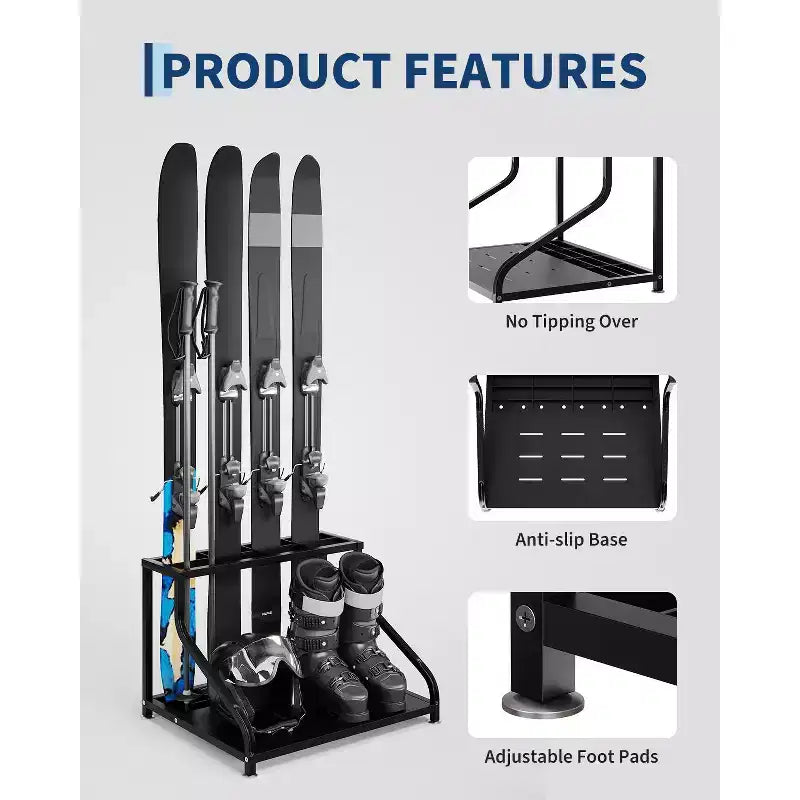 Support de rangement, porte-skis autoportant pour 4 paires de skis, bâtons, bottes, casque et organisateur pour garage, sous-sol, maison, 23x19x16 po