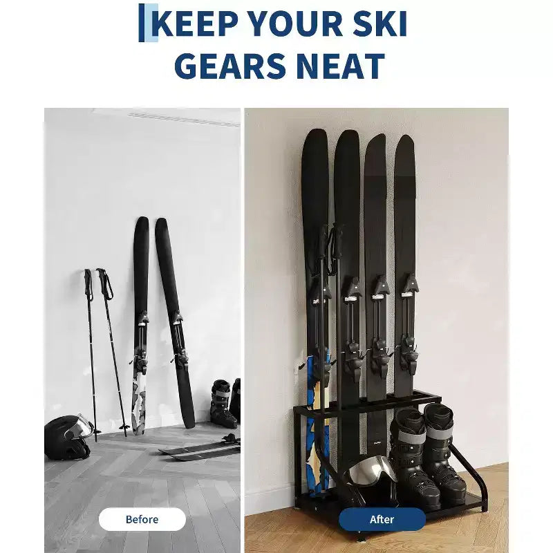 Support de rangement, porte-skis autoportant pour 4 paires de skis, bâtons, bottes, casque et organisateur pour garage, sous-sol, maison, 23x19x16 po