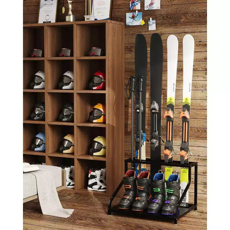Support de rangement, porte-skis autoportant pour 4 paires de skis, bâtons, bottes, casque et organisateur pour garage, sous-sol, maison, 23x19x16 po