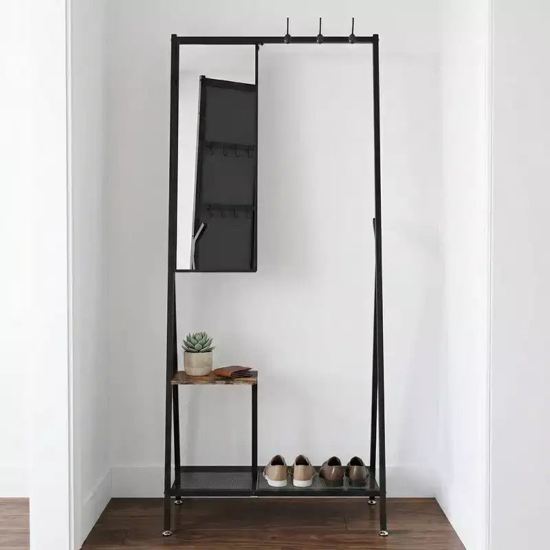 Porte-manteau avec miroir et meuble à chaussures, porte-manteau d'entrée industriel avec cadre en aluminium, organisateur d'entrée pour salon et chambre, marron rustique et noir