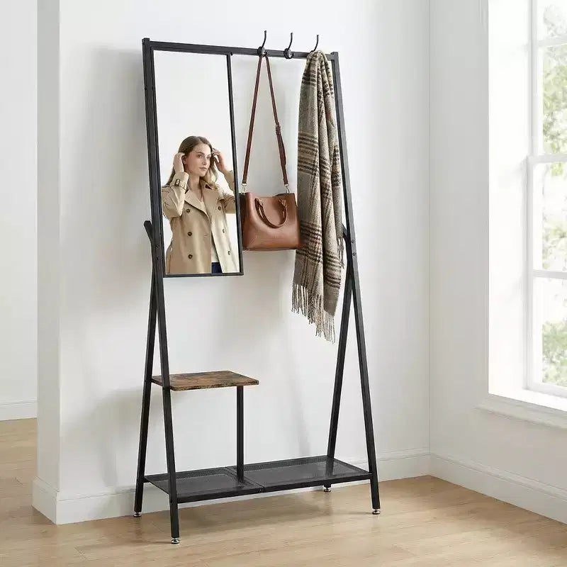 Porte-manteau avec miroir et meuble à chaussures, porte-manteau d'entrée industriel avec cadre en aluminium, organisateur d'entrée pour salon et chambre, marron rustique et noir