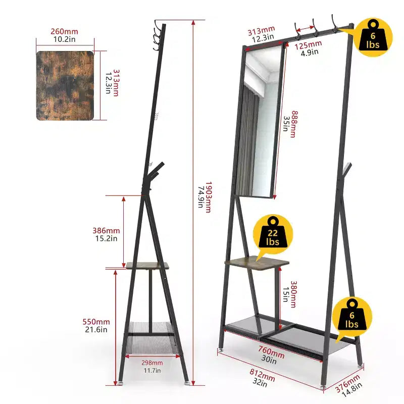 Porte-manteau avec miroir et meuble à chaussures, porte-manteau d'entrée industriel avec cadre en aluminium, organisateur d'entrée pour salon et chambre, marron rustique et noir
