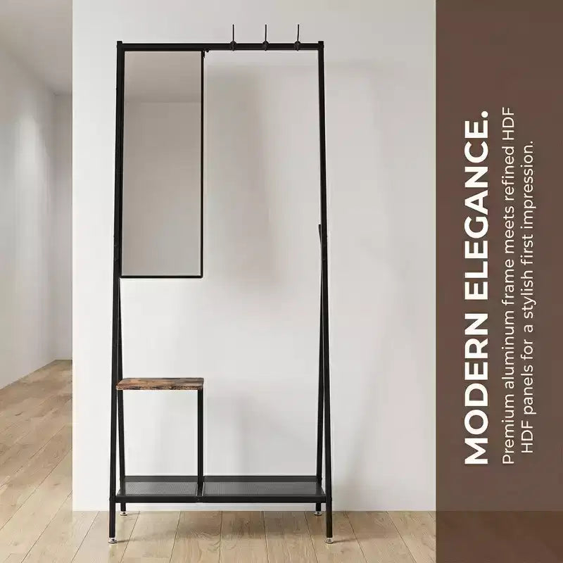 Porte-manteau avec miroir et meuble à chaussures, porte-manteau d'entrée industriel avec cadre en aluminium, organisateur d'entrée pour salon et chambre, marron rustique et noir