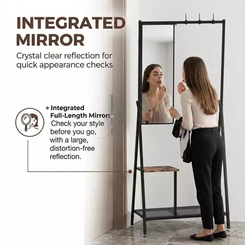 Porte-manteau avec miroir et meuble à chaussures, porte-manteau d'entrée industriel avec cadre en aluminium, organisateur d'entrée pour salon et chambre, marron rustique et noir