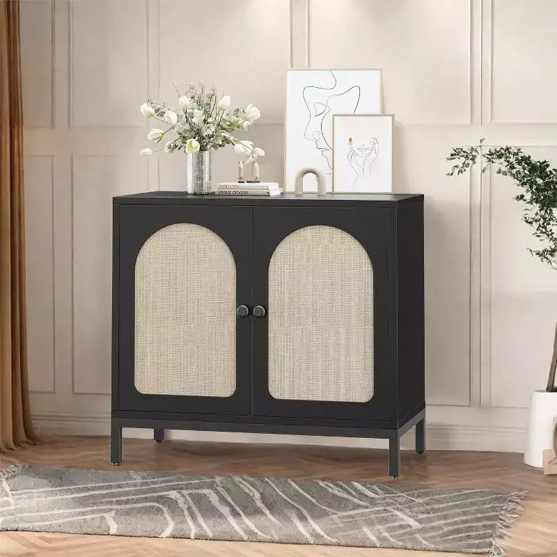 Black Rattan Sideboard, Adjustable Shelf Kitchen Storage Cabinet