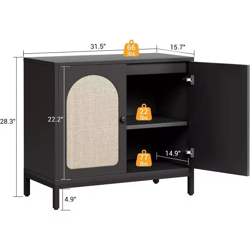 Bahut en rotin noir, armoire de rangement de cuisine à étagères réglables