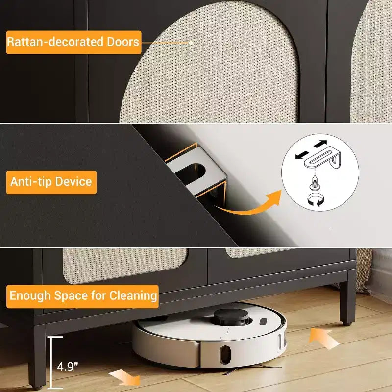 Bahut en rotin noir, armoire de rangement de cuisine à étagères réglables