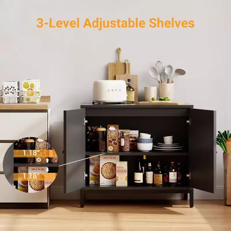 Bahut en rotin noir, armoire de rangement de cuisine à étagères réglables