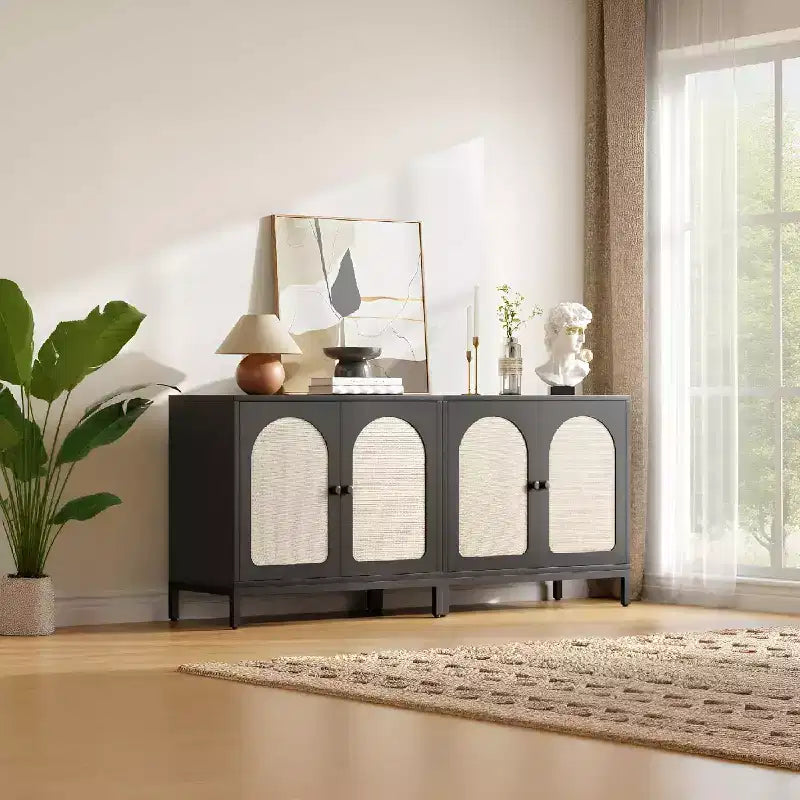 Bahut en rotin noir, armoire de rangement de cuisine à étagères réglables