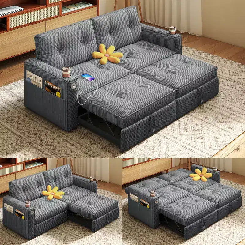 MooxvMoo 73 Queen Size Loveseat Sleeper Sofa w/ Pull Out Bed, Pockets and USB, Modern 2 Seater Convertible Small Couch for Living Room, Gray