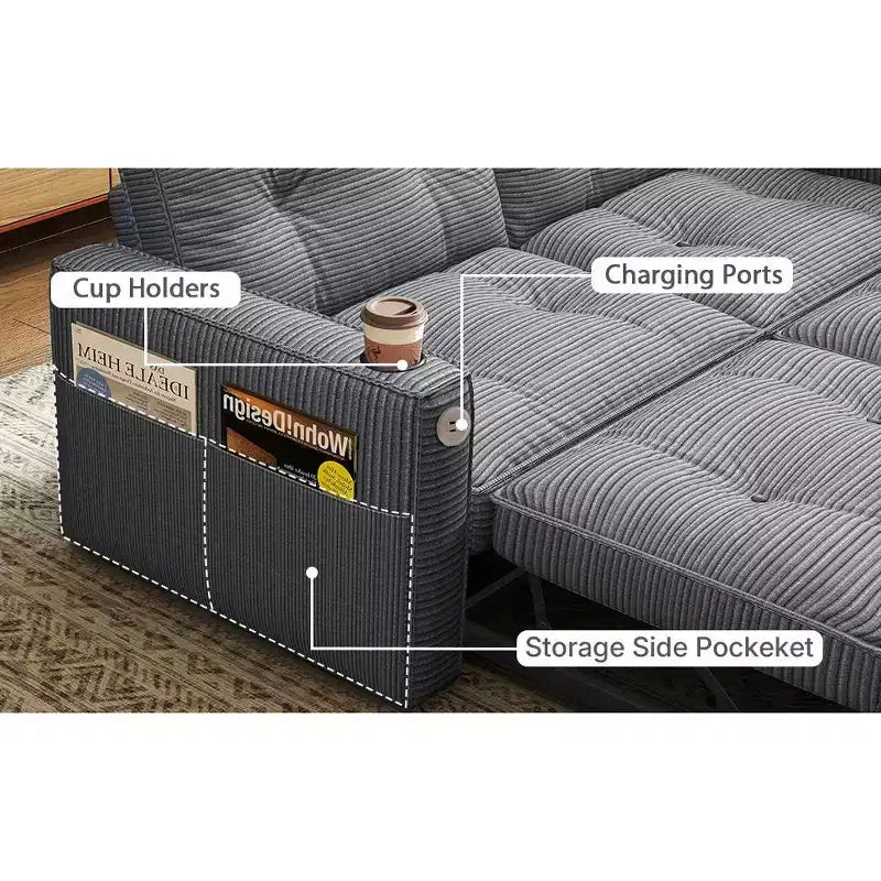Canapé-lit causeuse Queen size 73" avec lit gigogne, poches et USB, petit canapé convertible moderne 2 places pour salon, gris
