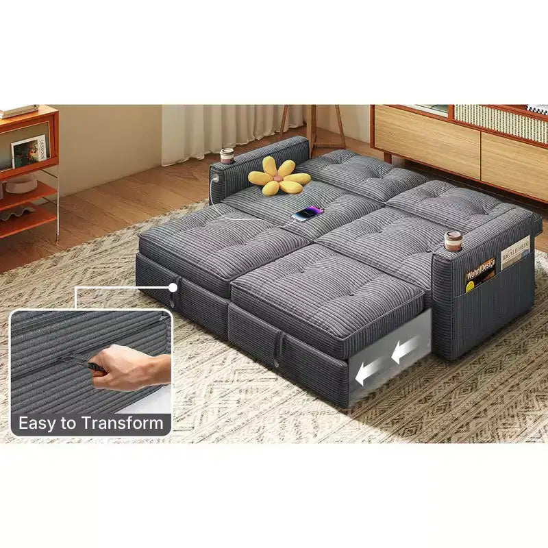 Canapé-lit causeuse Queen size 73" avec lit gigogne, poches et USB, petit canapé convertible moderne 2 places pour salon, gris