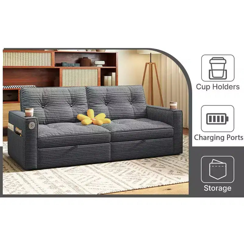 Canapé-lit causeuse Queen size 73" avec lit gigogne, poches et USB, petit canapé convertible moderne 2 places pour salon, gris