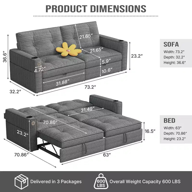 Canapé-lit causeuse Queen size 73" avec lit gigogne, poches et USB, petit canapé convertible moderne 2 places pour salon, gris