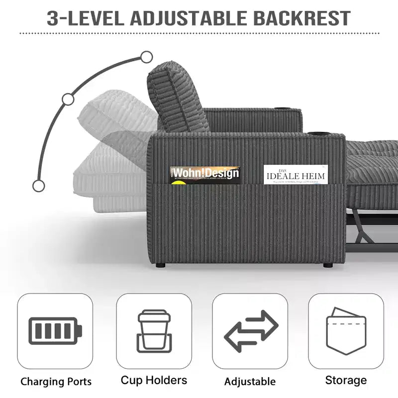 Canapé-lit causeuse Queen size 73" avec lit gigogne, poches et USB, petit canapé convertible moderne 2 places pour salon, gris