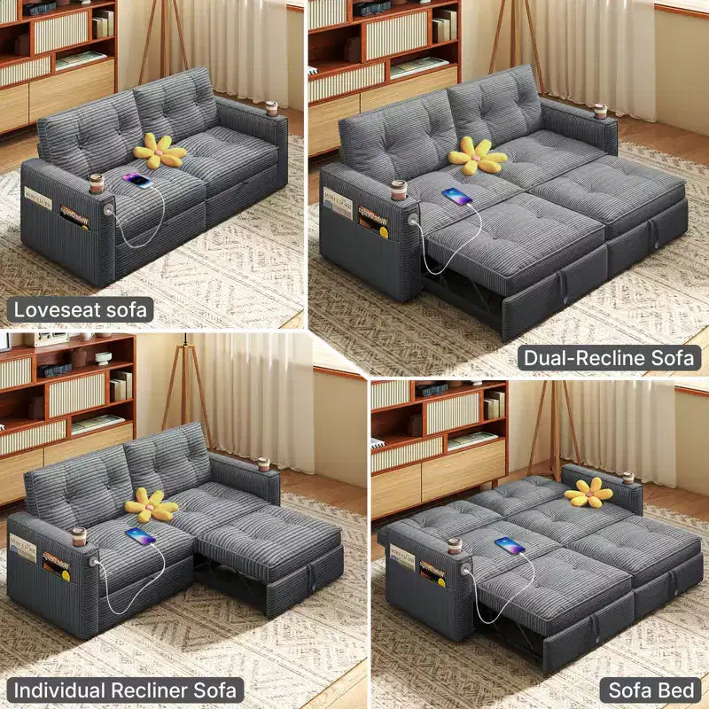Canapé-lit causeuse Queen size 73" avec lit gigogne, poches et USB, petit canapé convertible moderne 2 places pour salon, gris