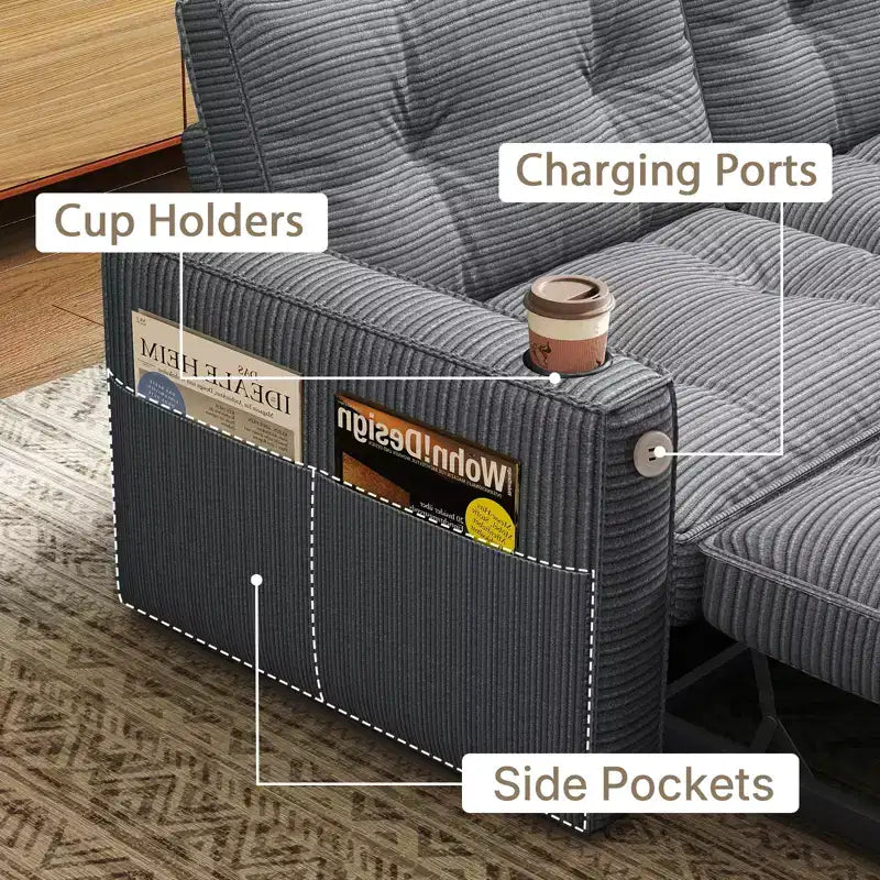 Canapé-lit causeuse Queen size 73" avec lit gigogne, poches et USB, petit canapé convertible moderne 2 places pour salon, gris