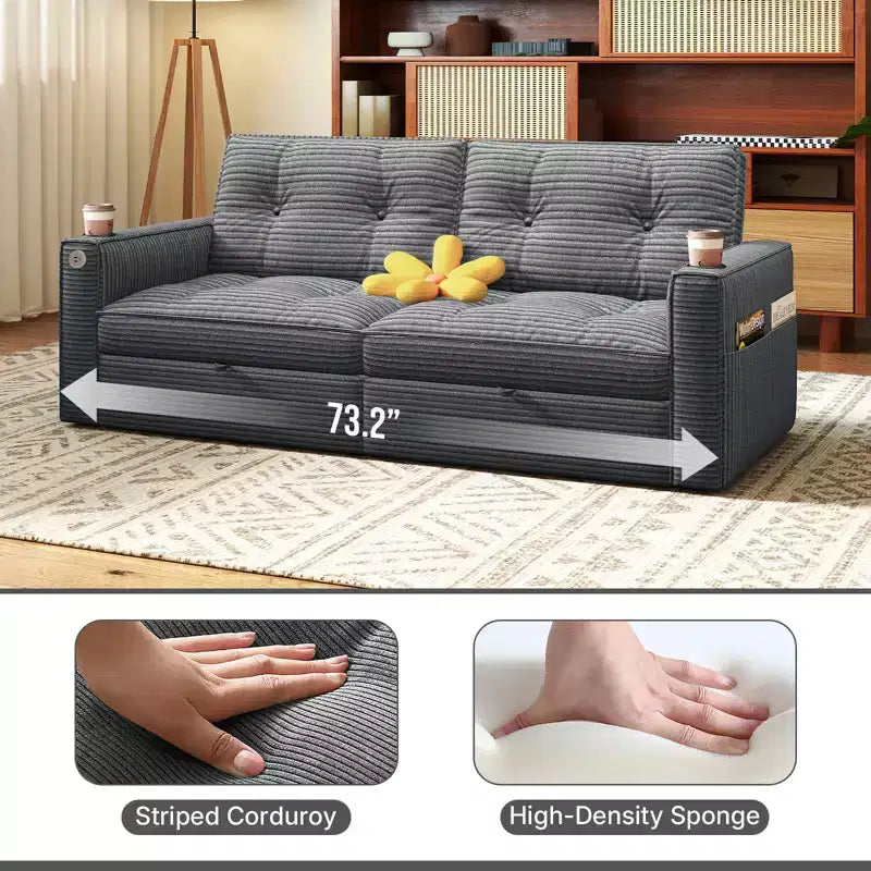 Canapé-lit causeuse Queen size 73" avec lit gigogne, poches et USB, petit canapé convertible moderne 2 places pour salon, gris