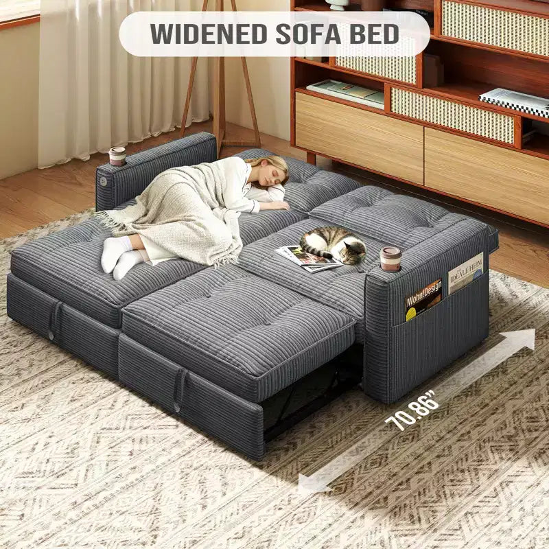 Canapé-lit causeuse Queen size 73" avec lit gigogne, poches et USB, petit canapé convertible moderne 2 places pour salon, gris