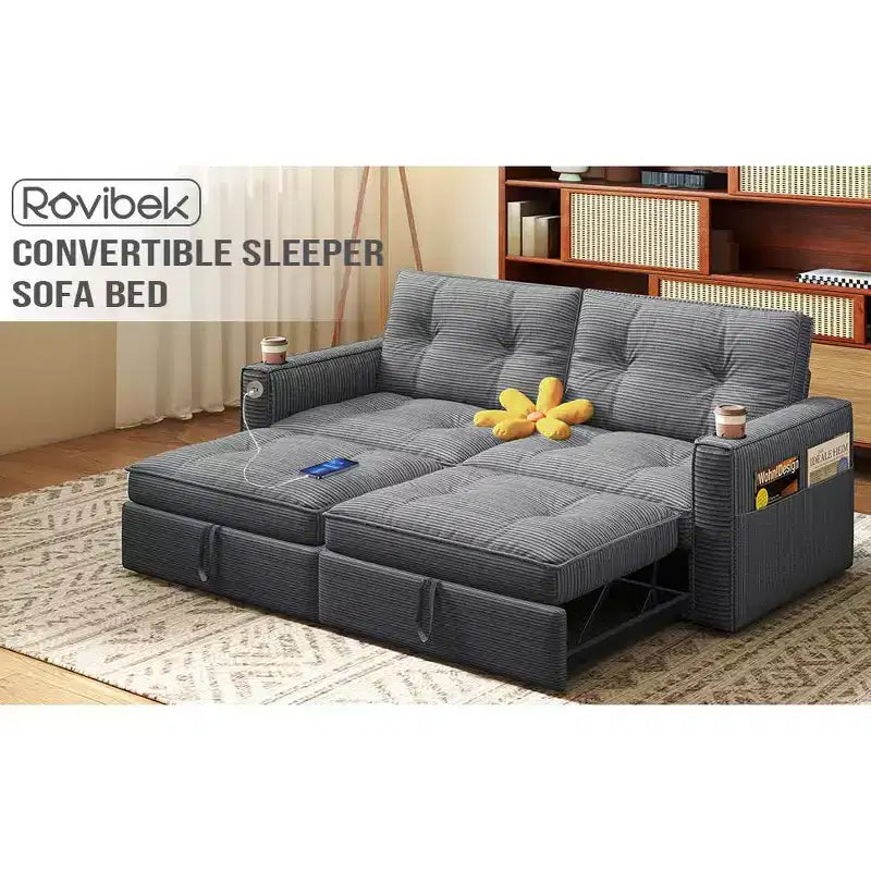 Canapé-lit causeuse Queen size 73" avec lit gigogne, poches et USB, petit canapé convertible moderne 2 places pour salon, gris