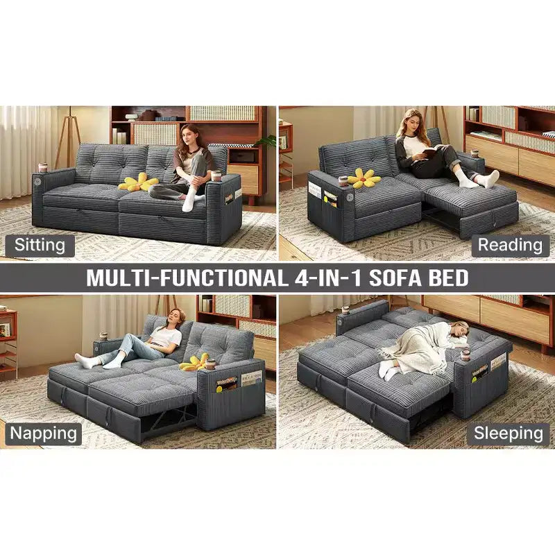 Canapé-lit causeuse Queen size 73" avec lit gigogne, poches et USB, petit canapé convertible moderne 2 places pour salon, gris