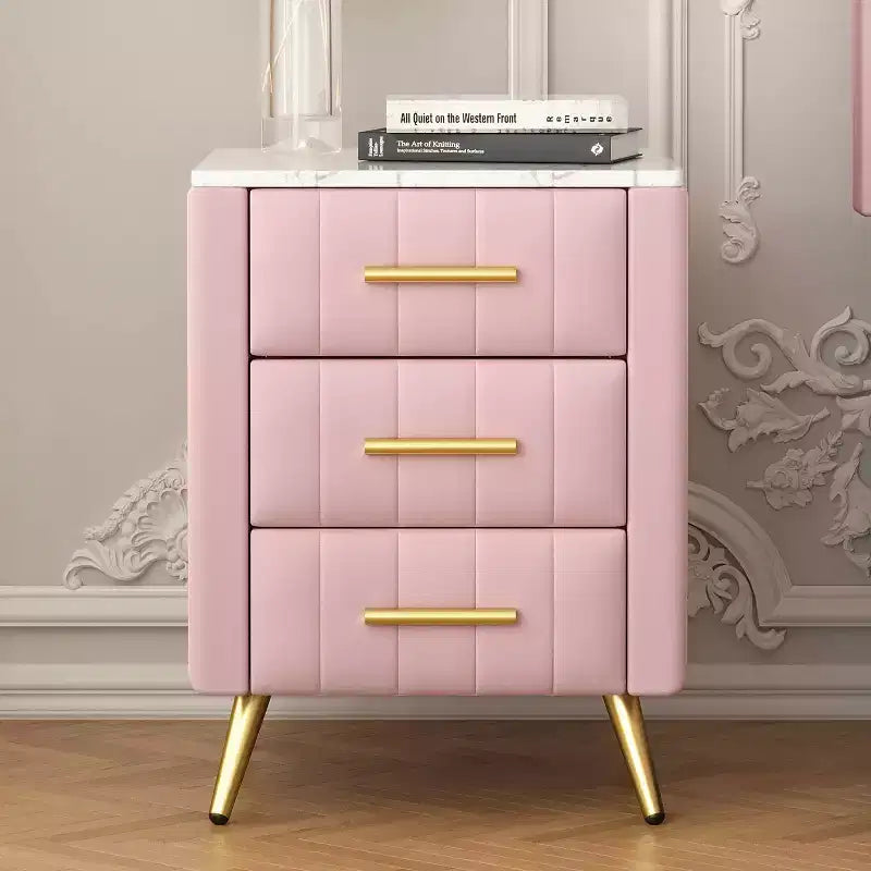 MAYEERTY Upholstered Wooden Nightatand with 3 Drawers Metal Legs Handles for Bedroom Pink