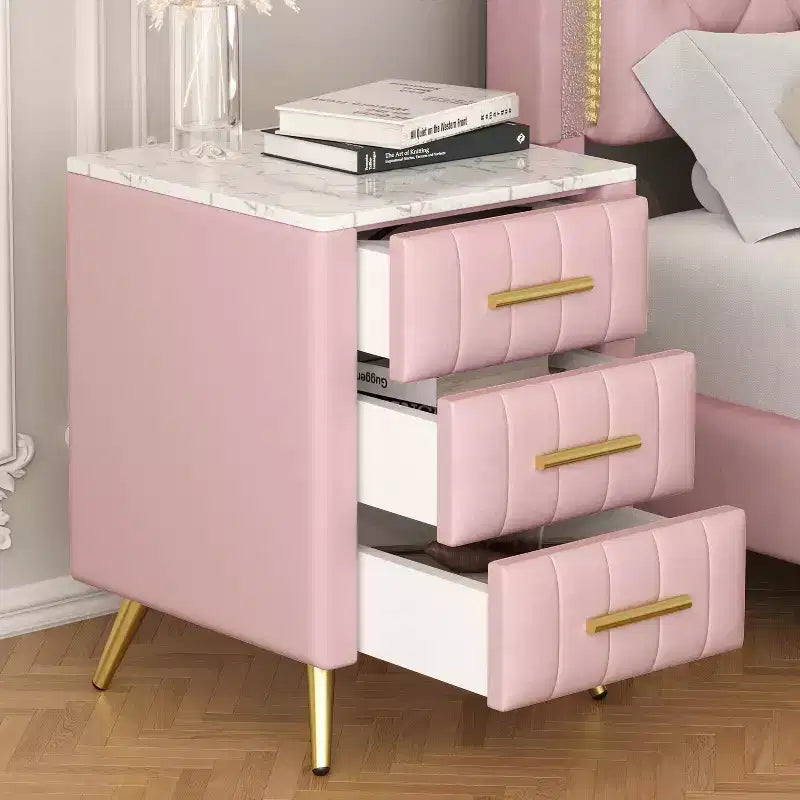 Table de chevet rembourrée en bois avec 3 tiroirs, pieds et poignées en métal, pour chambre à coucher, rose