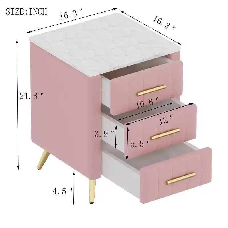 Table de chevet rembourrée en bois avec 3 tiroirs, pieds et poignées en métal, pour chambre à coucher, rose