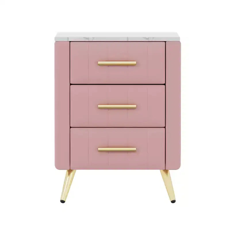 Table de chevet rembourrée en bois avec 3 tiroirs, pieds et poignées en métal, pour chambre à coucher, rose