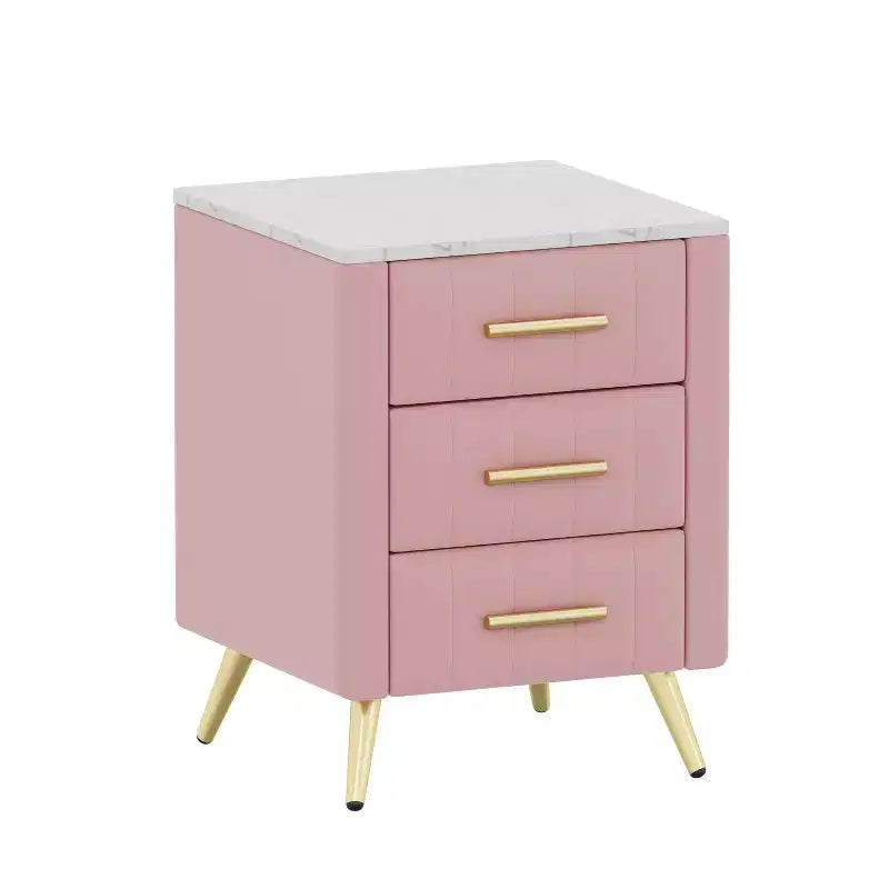 Table de chevet rembourrée en bois avec 3 tiroirs, pieds et poignées en métal, pour chambre à coucher, rose