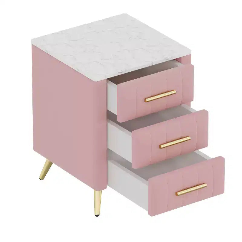 Table de chevet rembourrée en bois avec 3 tiroirs, pieds et poignées en métal, pour chambre à coucher, rose