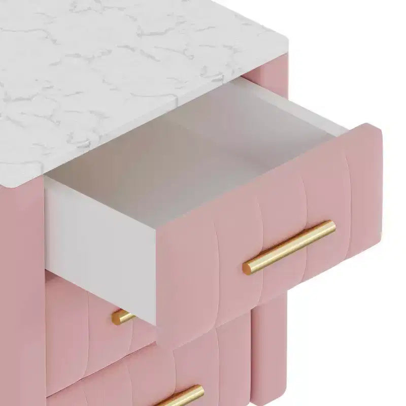 Table de chevet rembourrée en bois avec 3 tiroirs, pieds et poignées en métal, pour chambre à coucher, rose