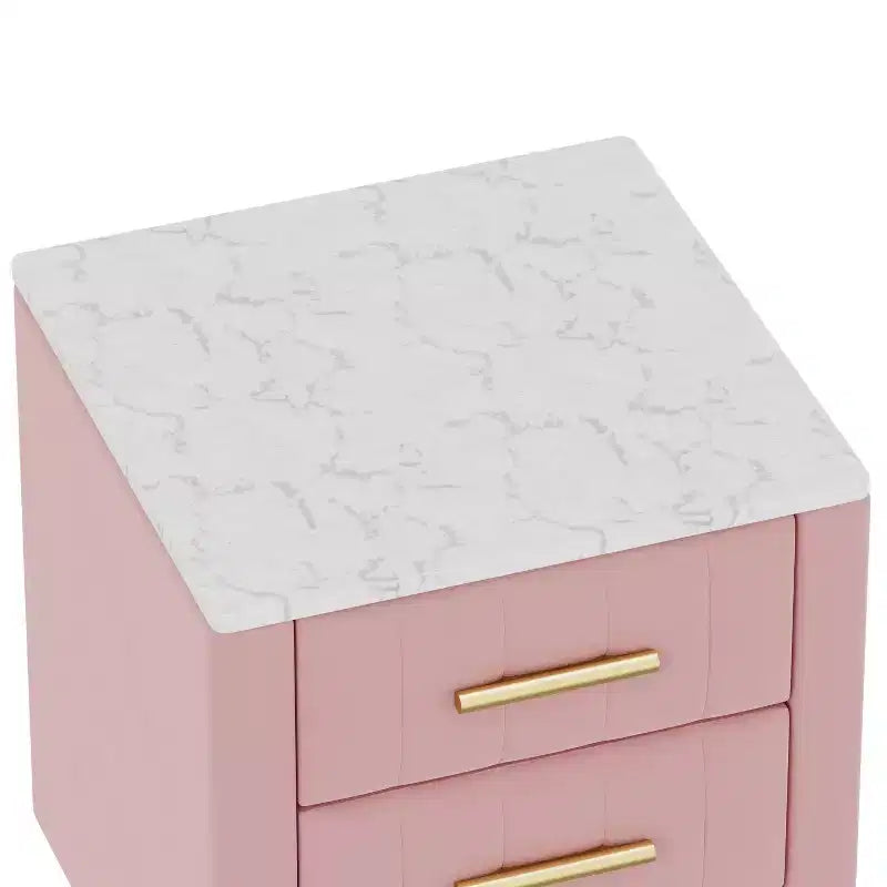 Table de chevet rembourrée en bois avec 3 tiroirs, pieds et poignées en métal, pour chambre à coucher, rose