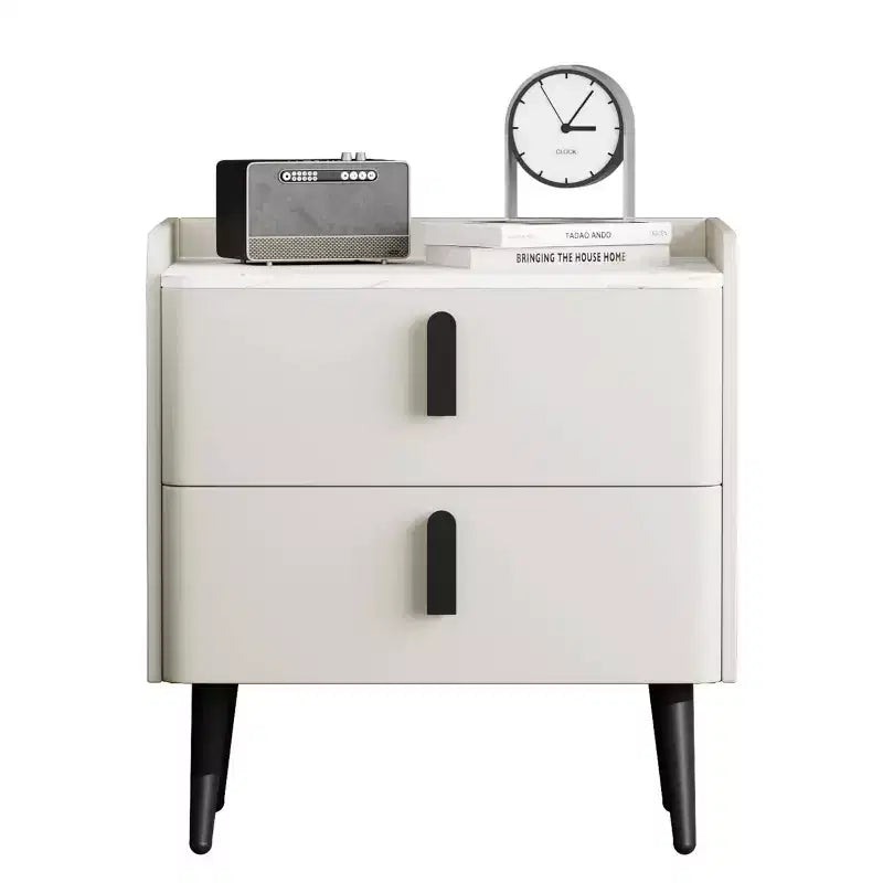 Table de chevet blanche avec 2 tiroirs et plateau effet marbre pour chambre à coucher