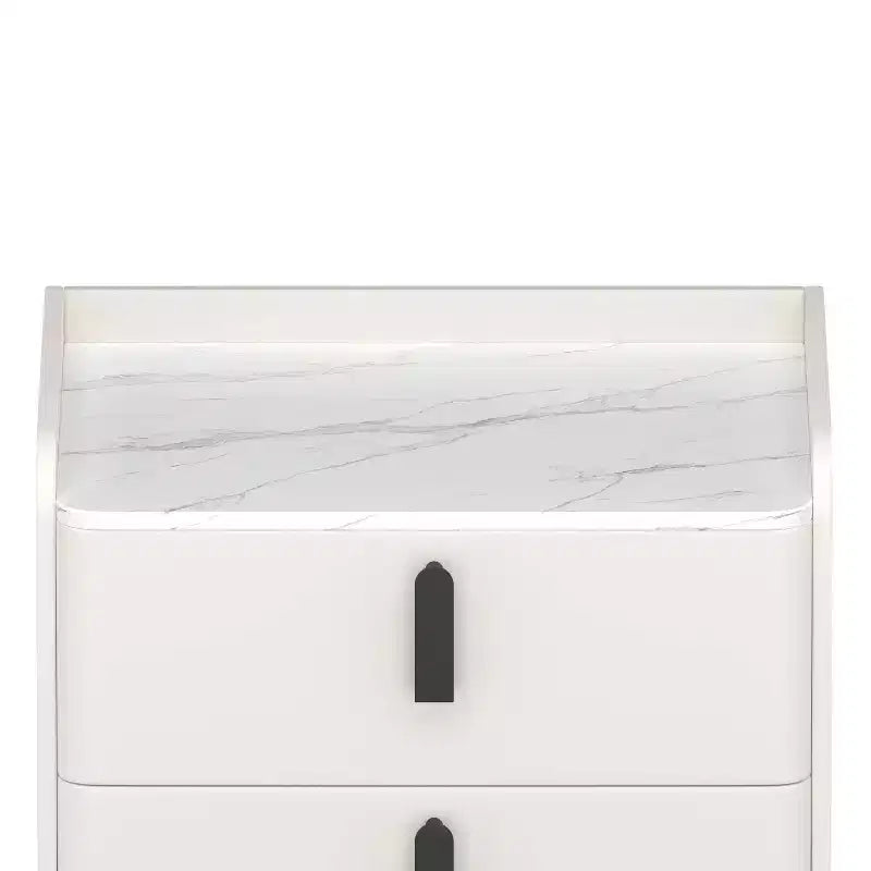 Table de chevet blanche avec 2 tiroirs et plateau effet marbre pour chambre à coucher