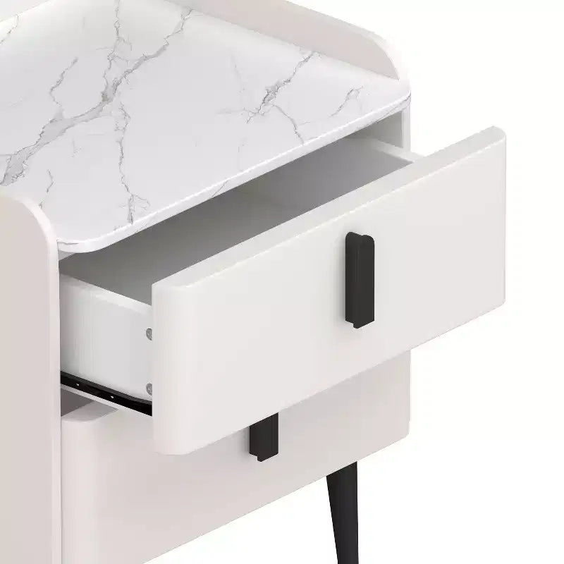Table de chevet blanche avec 2 tiroirs et plateau effet marbre pour chambre à coucher