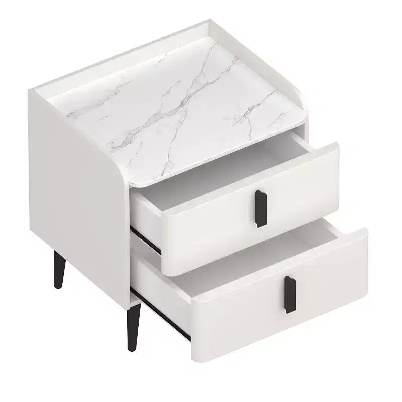 Table de chevet blanche avec 2 tiroirs et plateau effet marbre pour chambre à coucher