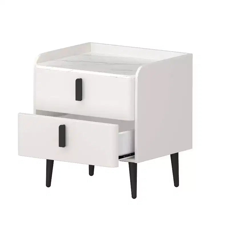Table de chevet blanche avec 2 tiroirs et plateau effet marbre pour chambre à coucher