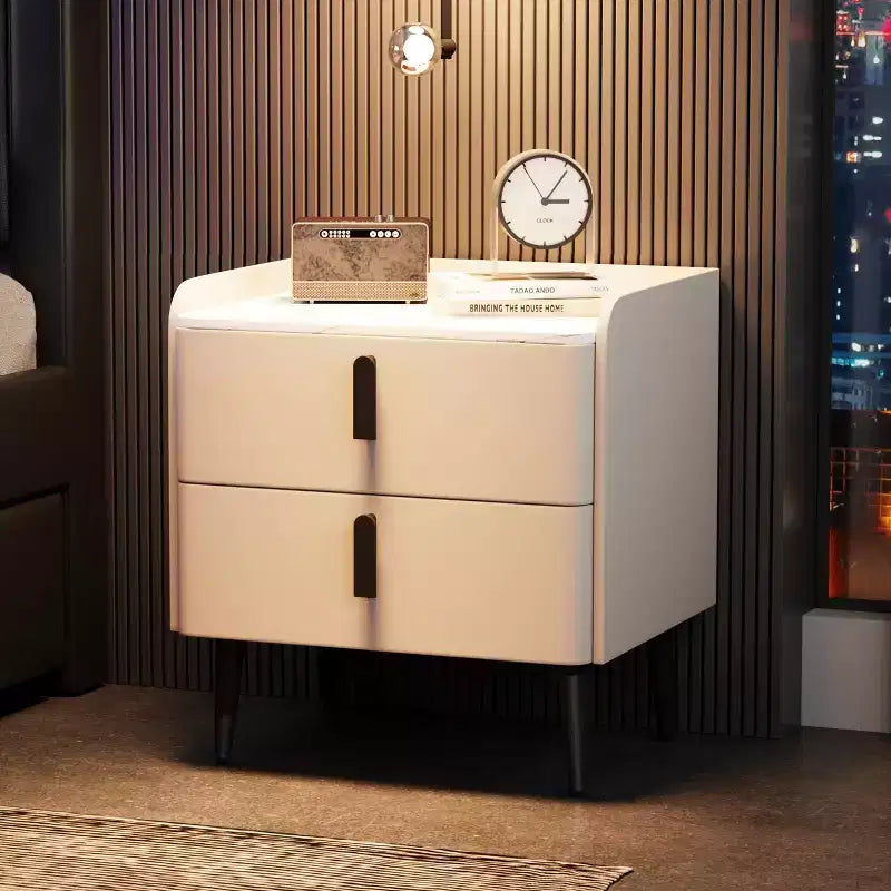 Table de chevet blanche avec 2 tiroirs et plateau effet marbre pour chambre à coucher