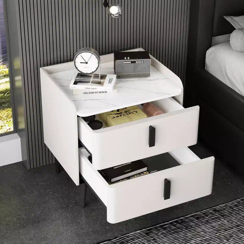 Table de chevet blanche avec 2 tiroirs et plateau effet marbre pour chambre à coucher