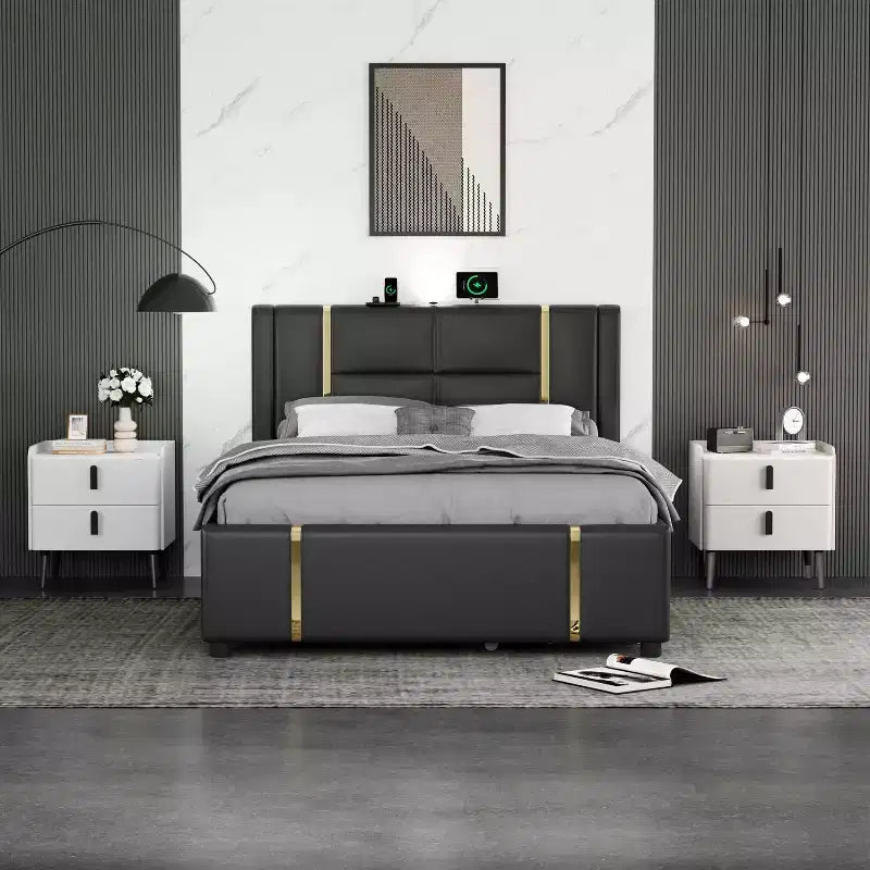 Table de chevet blanche avec 2 tiroirs et plateau effet marbre pour chambre à coucher