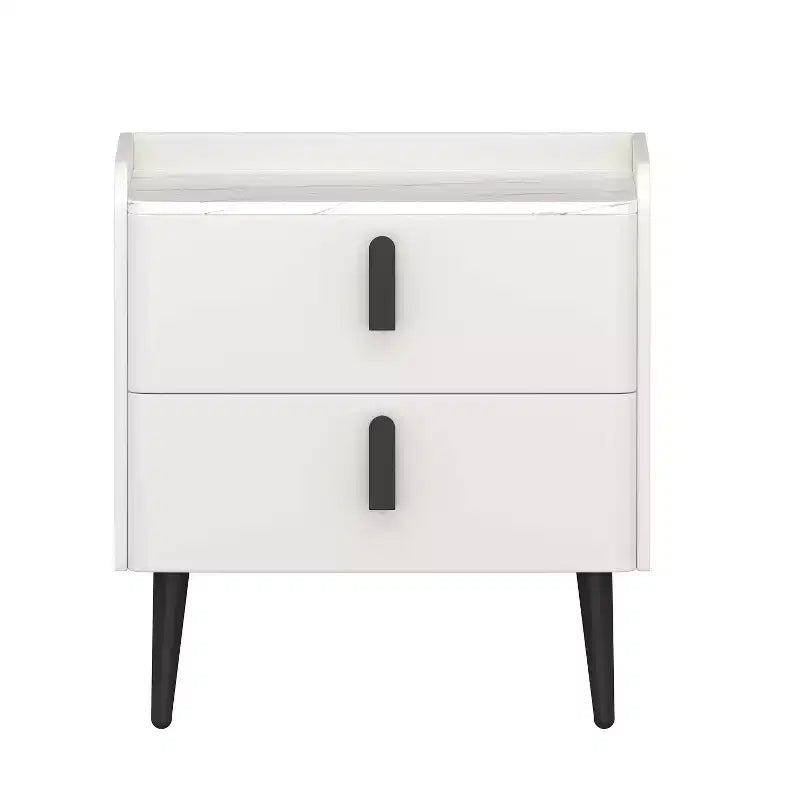Table de chevet blanche avec 2 tiroirs et plateau effet marbre pour chambre à coucher