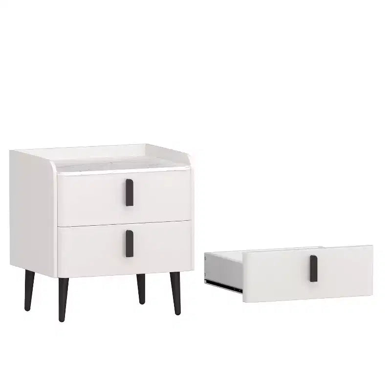 Table de chevet blanche avec 2 tiroirs et plateau effet marbre pour chambre à coucher