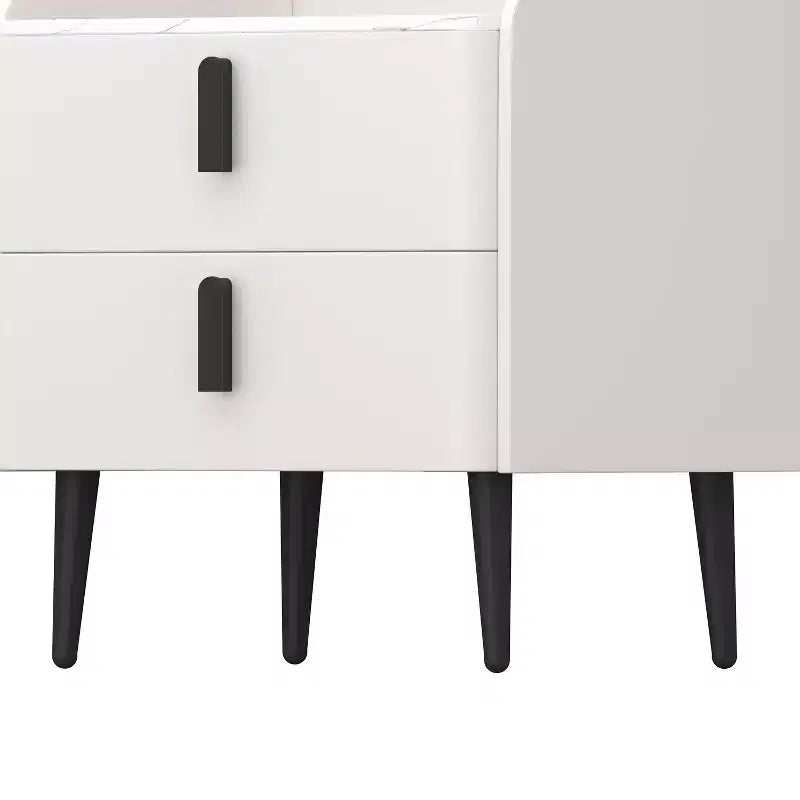 Table de chevet blanche avec 2 tiroirs et plateau effet marbre pour chambre à coucher