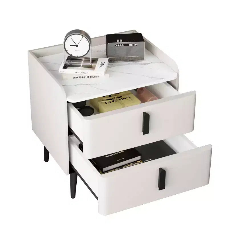 Table de chevet blanche avec 2 tiroirs et plateau effet marbre pour chambre à coucher
