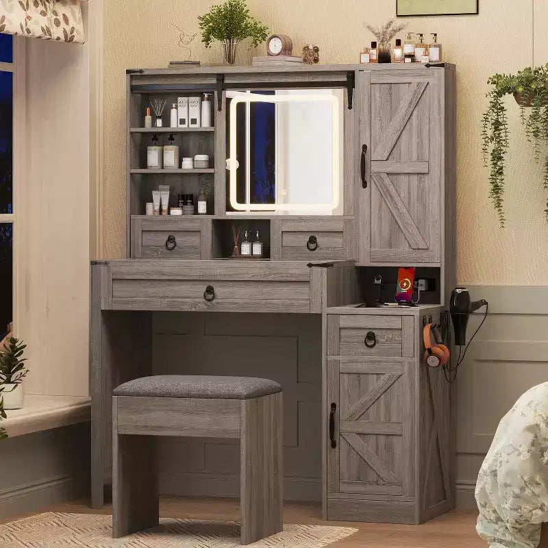 MAYEERTY Vanity Desk with Sliding Mirror Glass Top Charging Station 4 Drawers 2 Cabinets Stool for Bedroom Gray